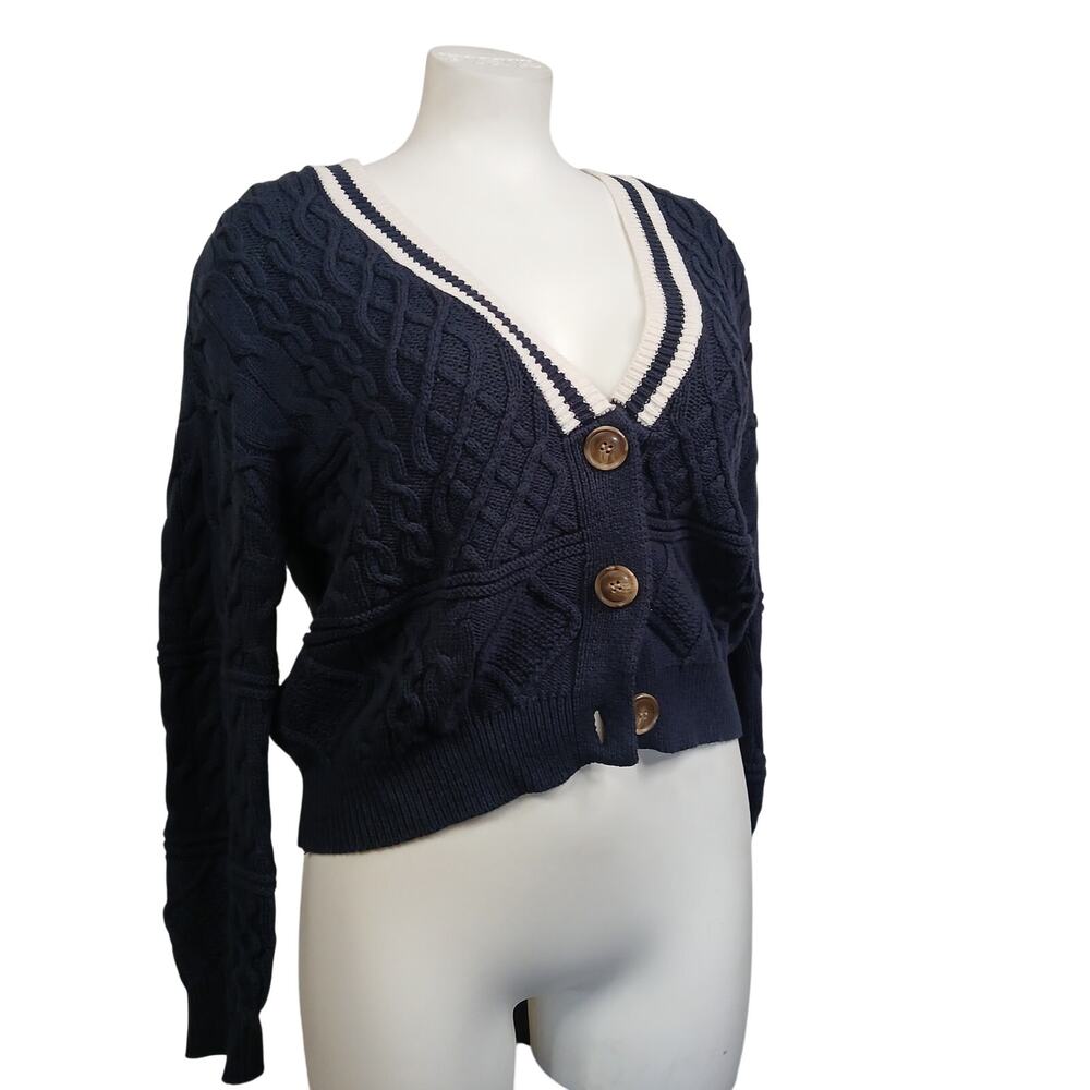 Olivia Sky Womens Navy Blue Cable Knit Varsity Cardigan Sweater Large
